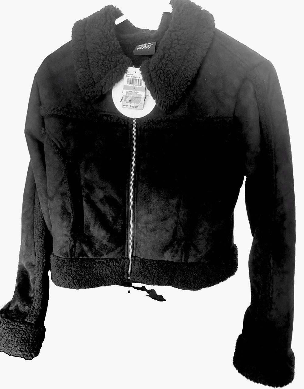 Aviator Bomber Jacket Womens Juniors S Black NWT Plush Faux Shearling Y2K Zip
